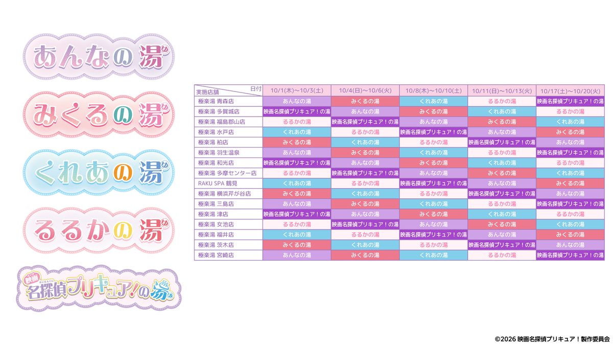 極楽湯・RAKU SPA16店舗で「映画名探偵プリキュア」コラボ